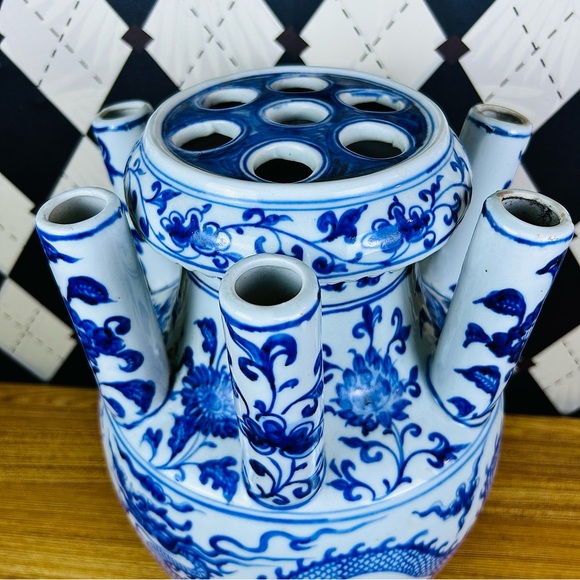 Grand Tulipière 15” Blue & White Chinoiserie Dragon Vase Porcelain Multi-Spout - Picture 3 of 17